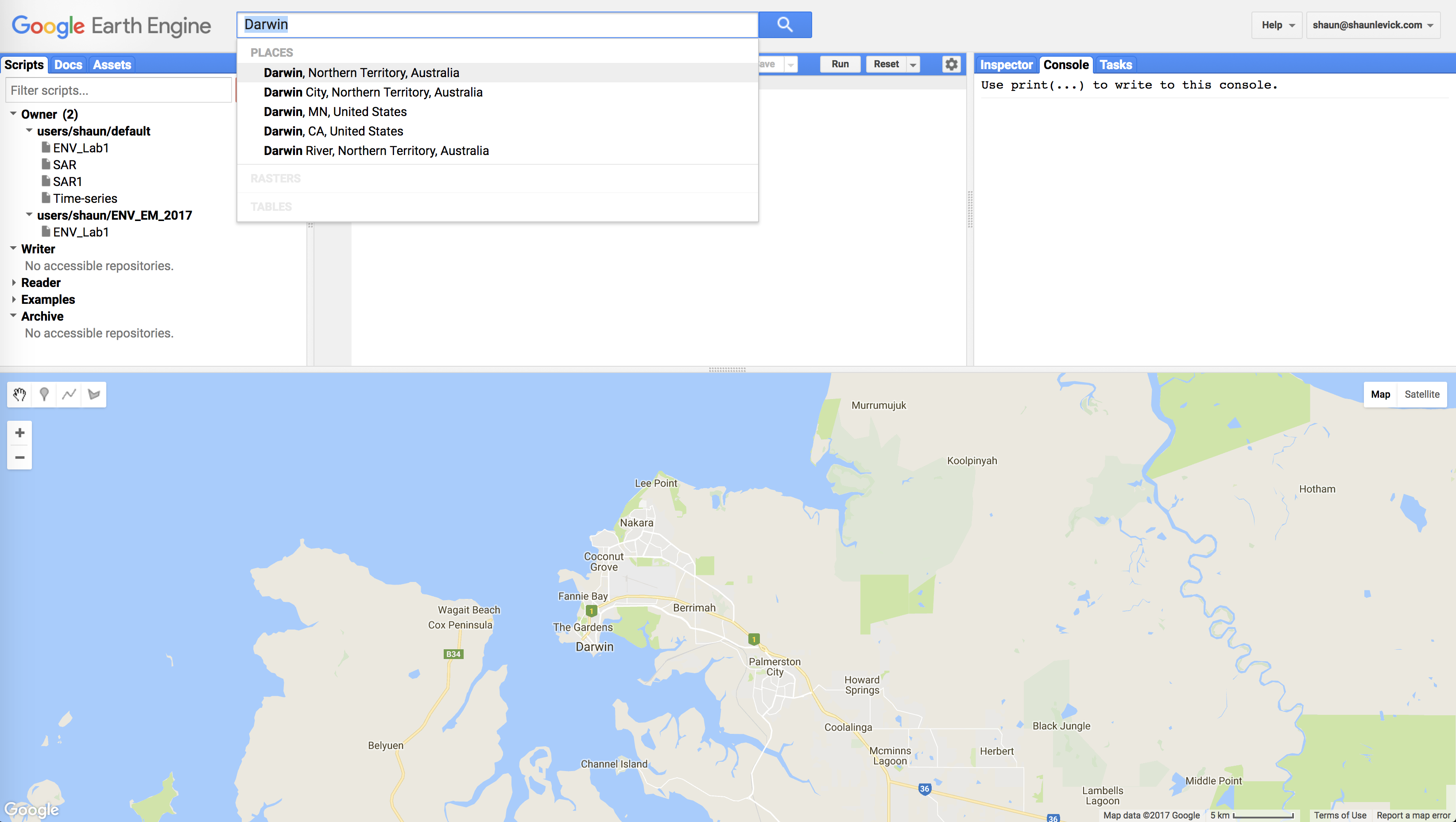 Figure 1. Navigating to area of interest in Google Earth Engine